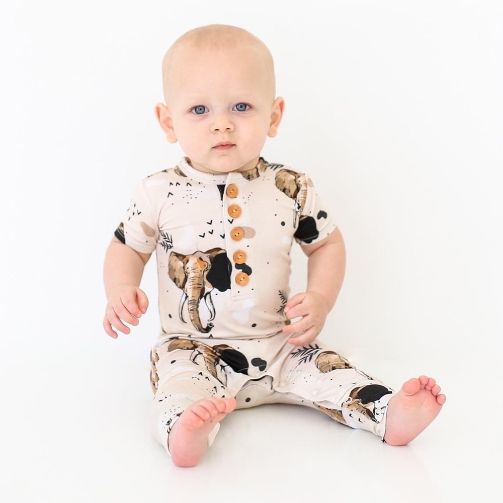 Posh Peanut short sleeve Henley romper in Perry